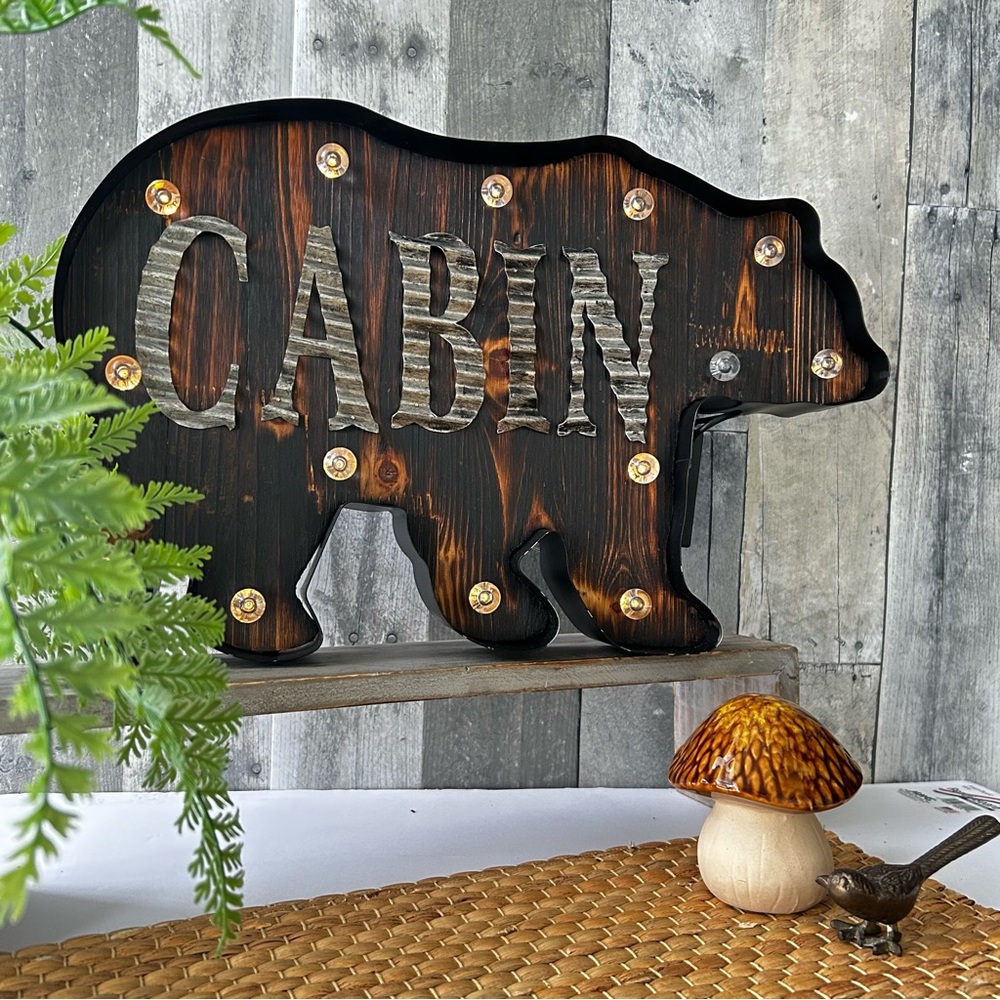 🌴Rustic Bear Cabin Sign/with LED Lights | Indoor/Outdoor- Solar or Battery